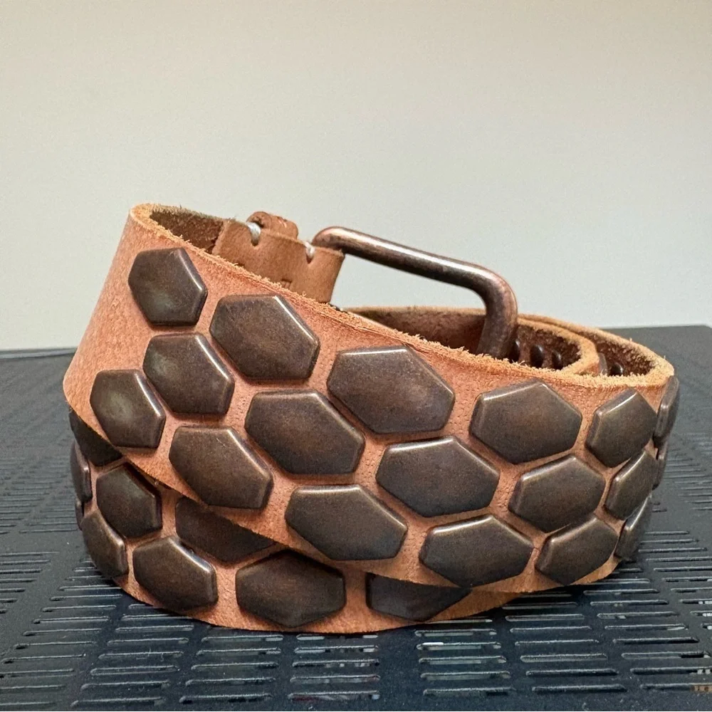 Leather Unisex Tan Metal Studded Waist Belt Sz.S